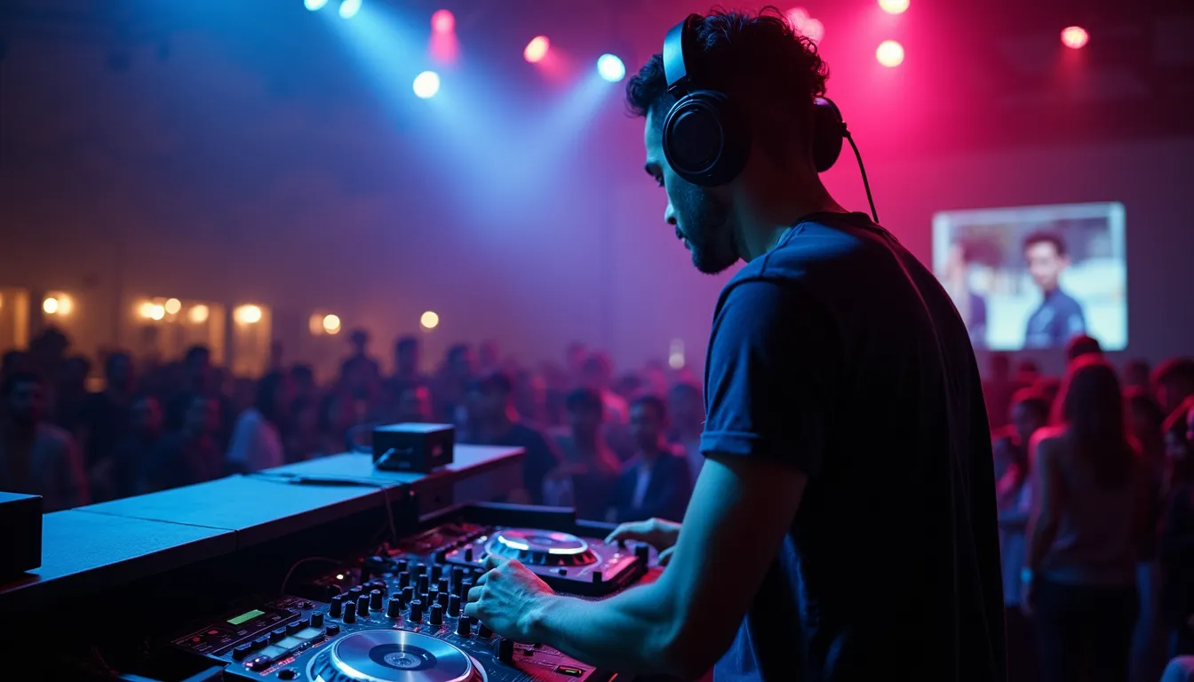 Close-up view of a DJ mixing music at an event