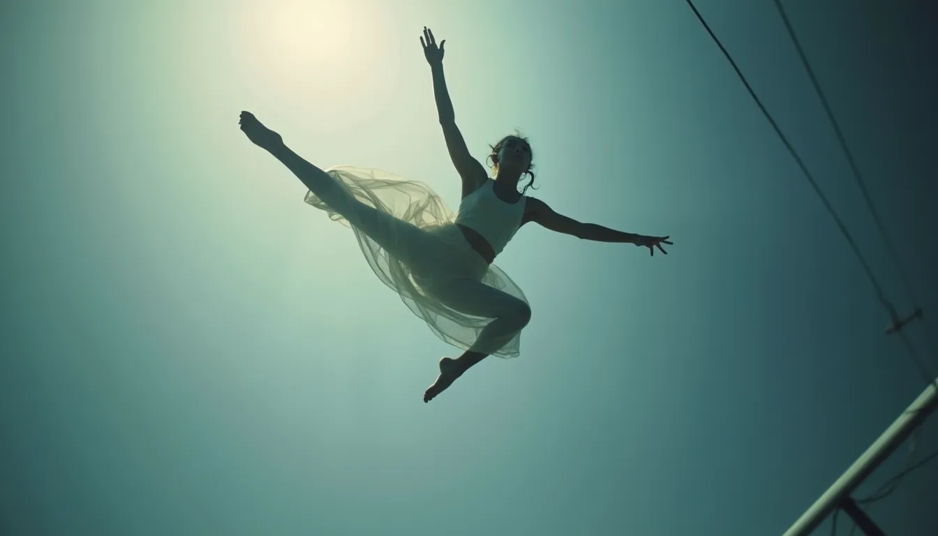Close-up view of a solo aerial performer suspended mid-air