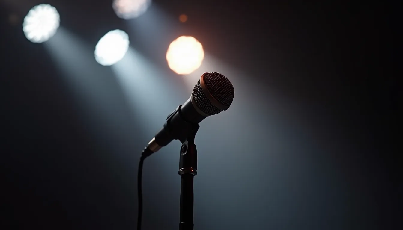 Close-up view of a stage microphone with dramatic spotlight