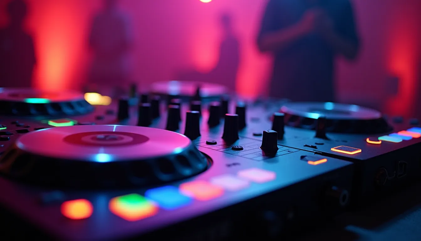 Close-up view of a DJ console with colorful lights at a luxury event