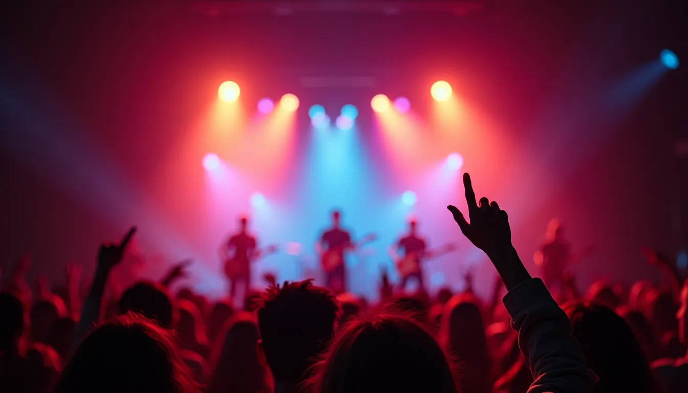 Eye-level view of a live band performing on stage with colorful lights