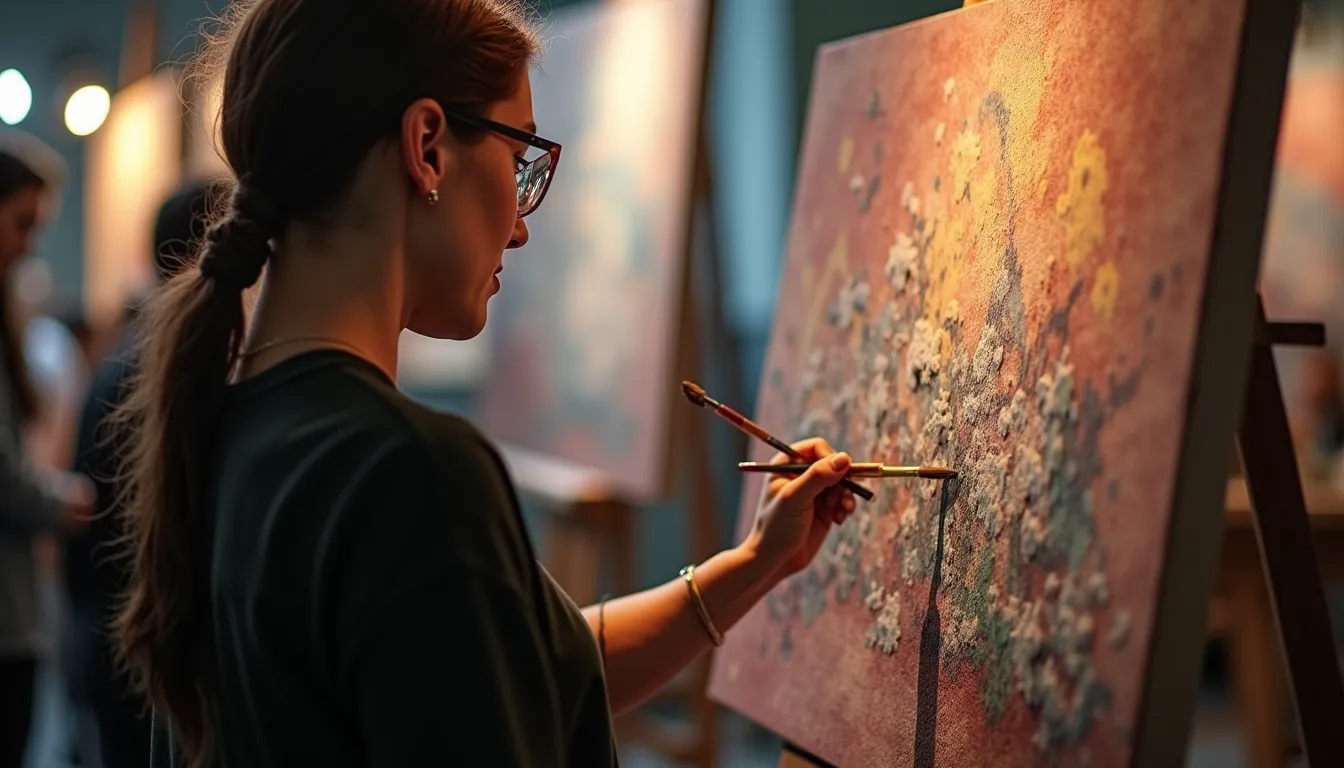 High angle view of a live artist painting on canvas during an event