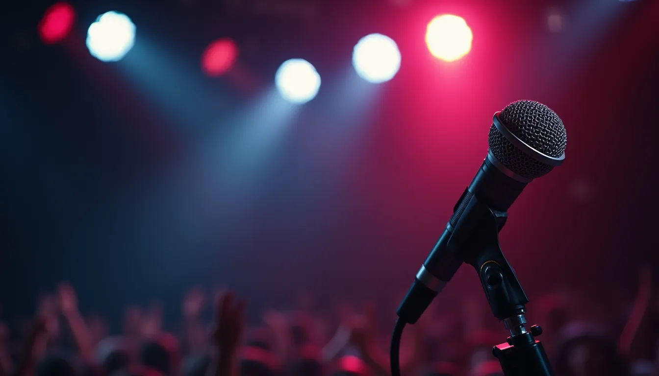 Close-up view of a microphone on stage ready for a performance