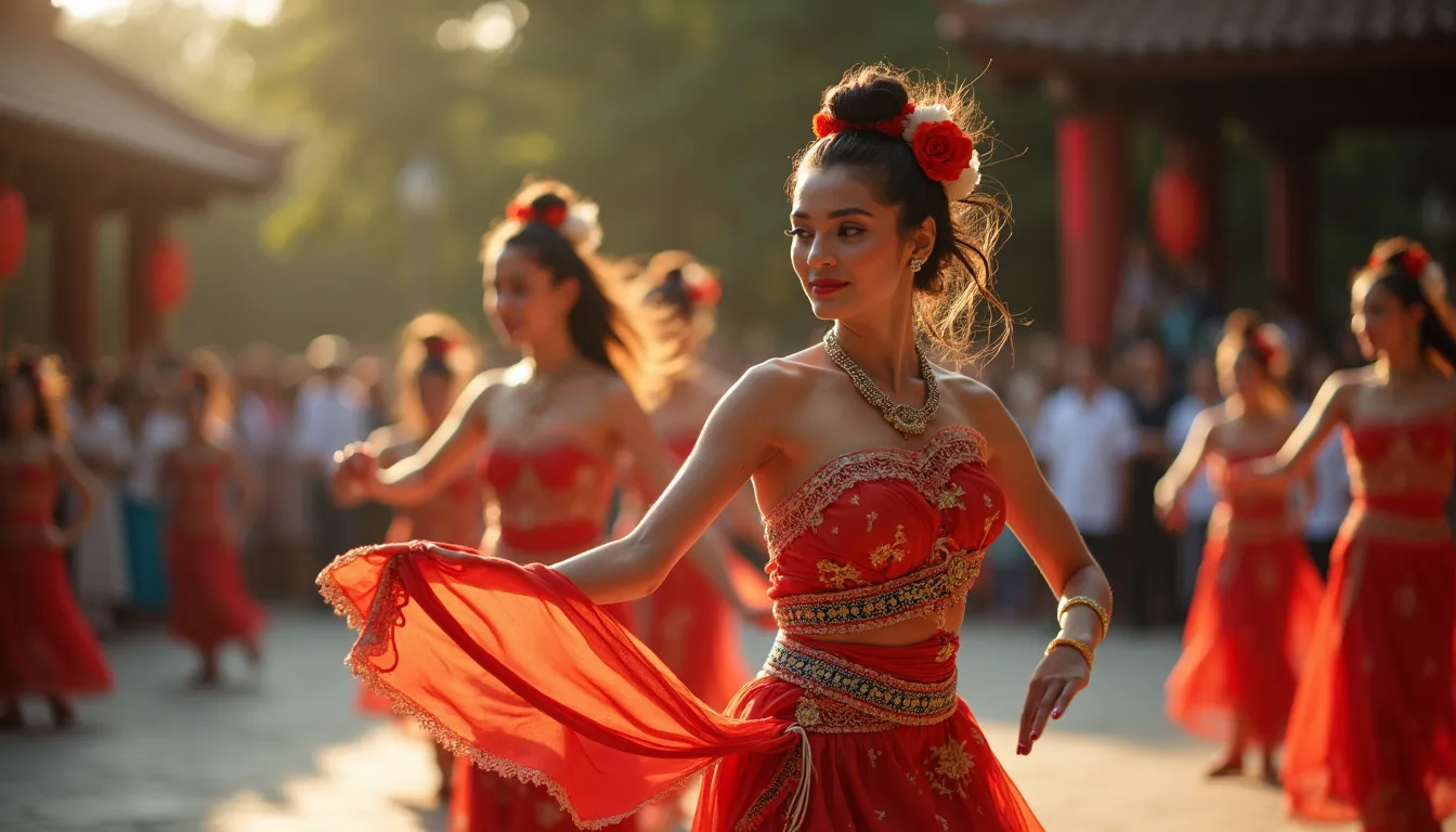 Close-up view of a dancer performing a traditional dance with colorful costume