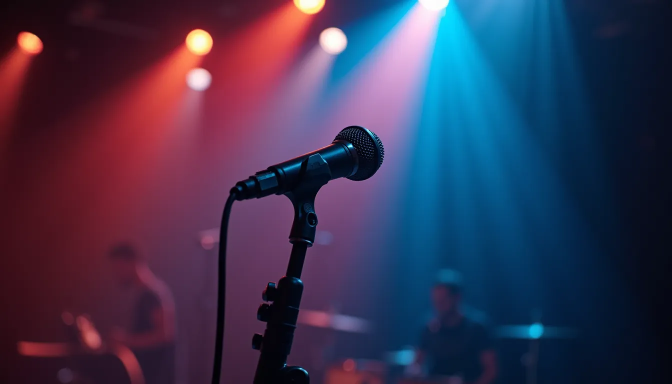 Close-up view of a microphone and stage setup ready for a live performance