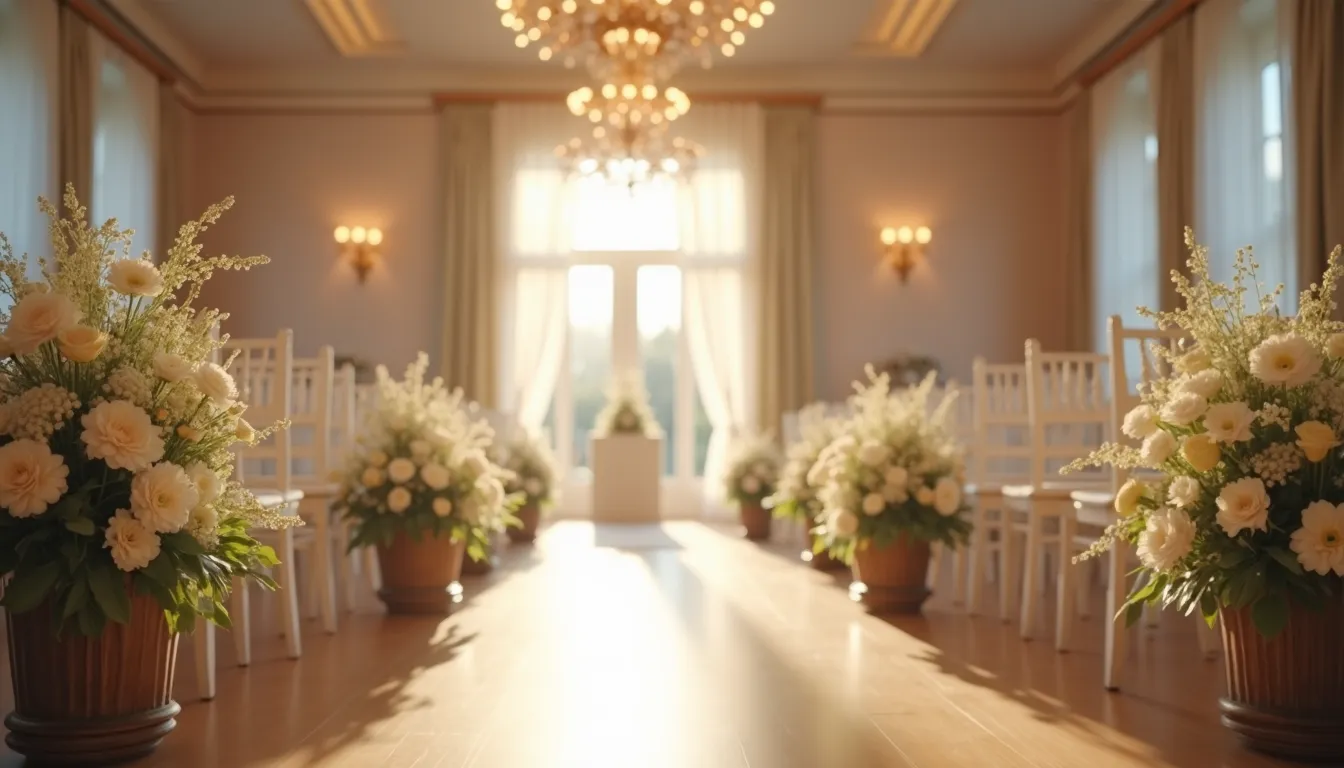 Close-up view of a beautifully decorated wedding venue with floral arrangements