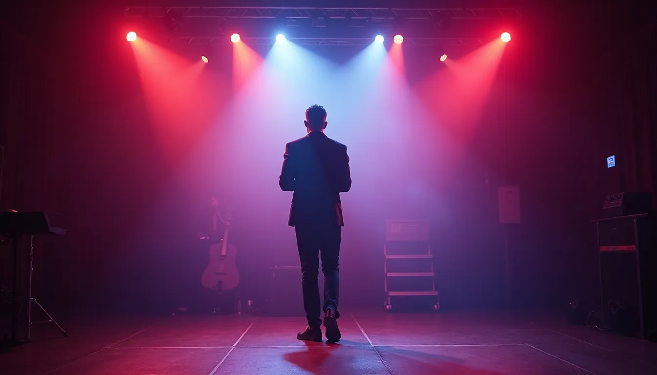 Eye-level view of a stage with vibrant lighting and a solo singer performing