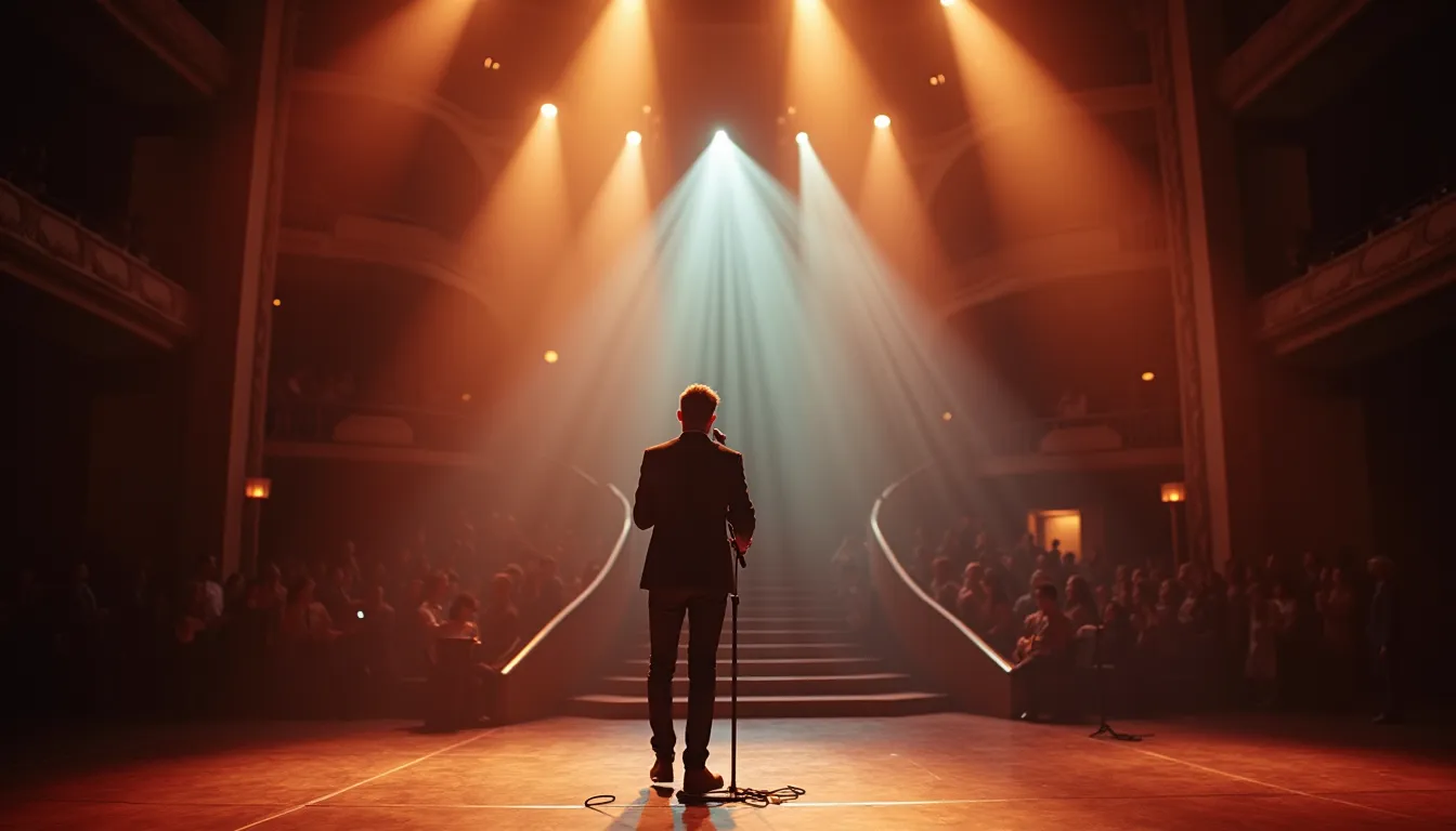 Eye-level view of a solo singer performing on a luxurious stage