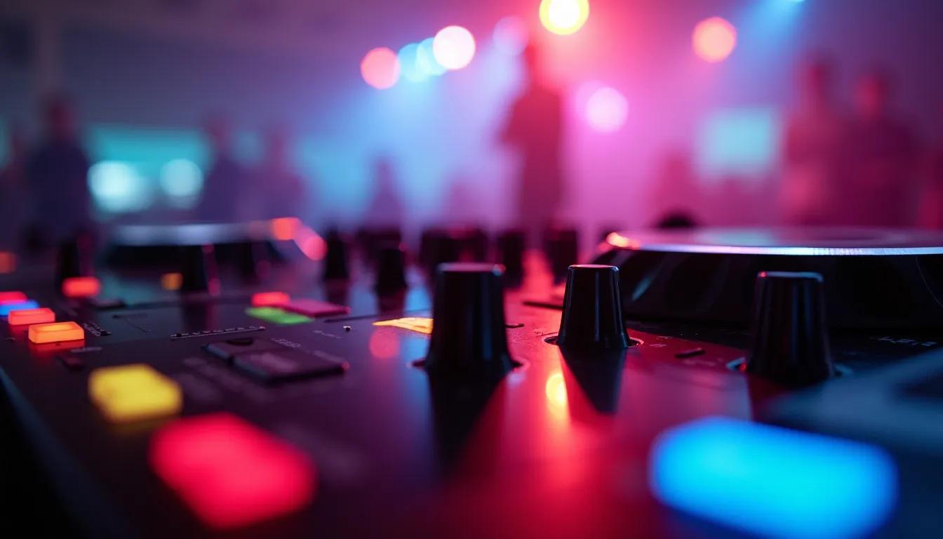 Close-up view of a DJ console with colorful lights at a Dubai event