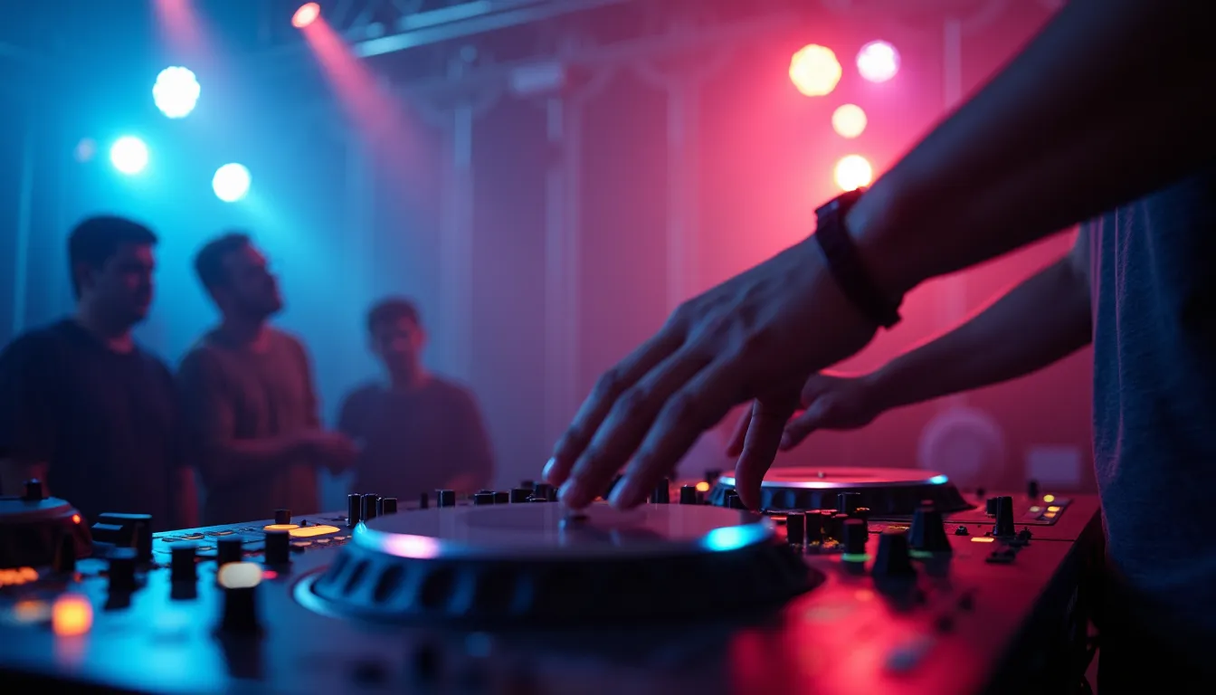 Close-up view of a DJ mixing music at an event with colorful lights