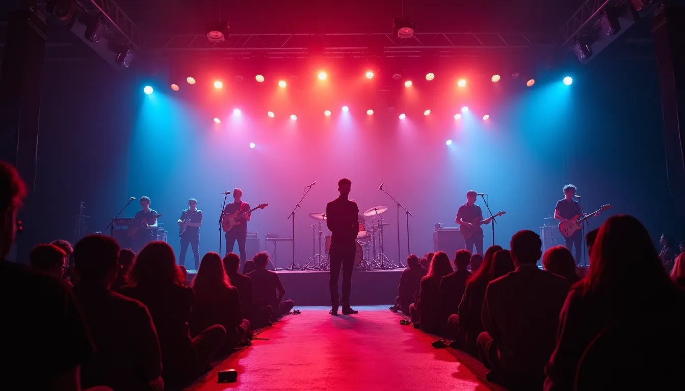 Eye-level view of a stage with colorful lighting and musical instruments