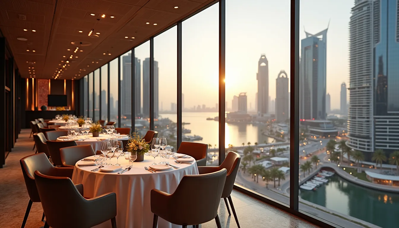 Eye-level view of a luxurious corporate event venue overlooking Dubai Marina