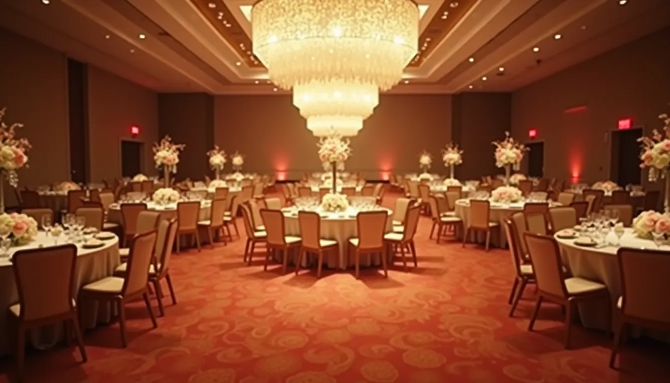 Eye-level view of a luxurious event hall set up for a corporate gala
