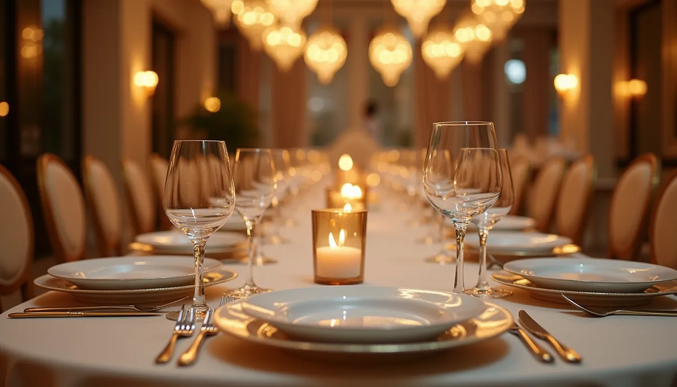 Close-up view of a luxurious event setup with elegant table settings