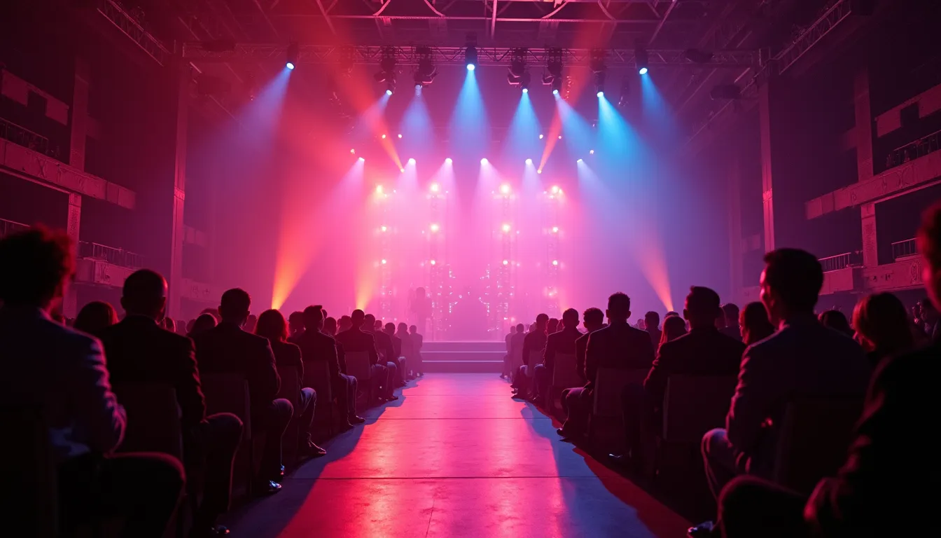 Eye-level view of a grand stage with vibrant lighting at a Dubai event