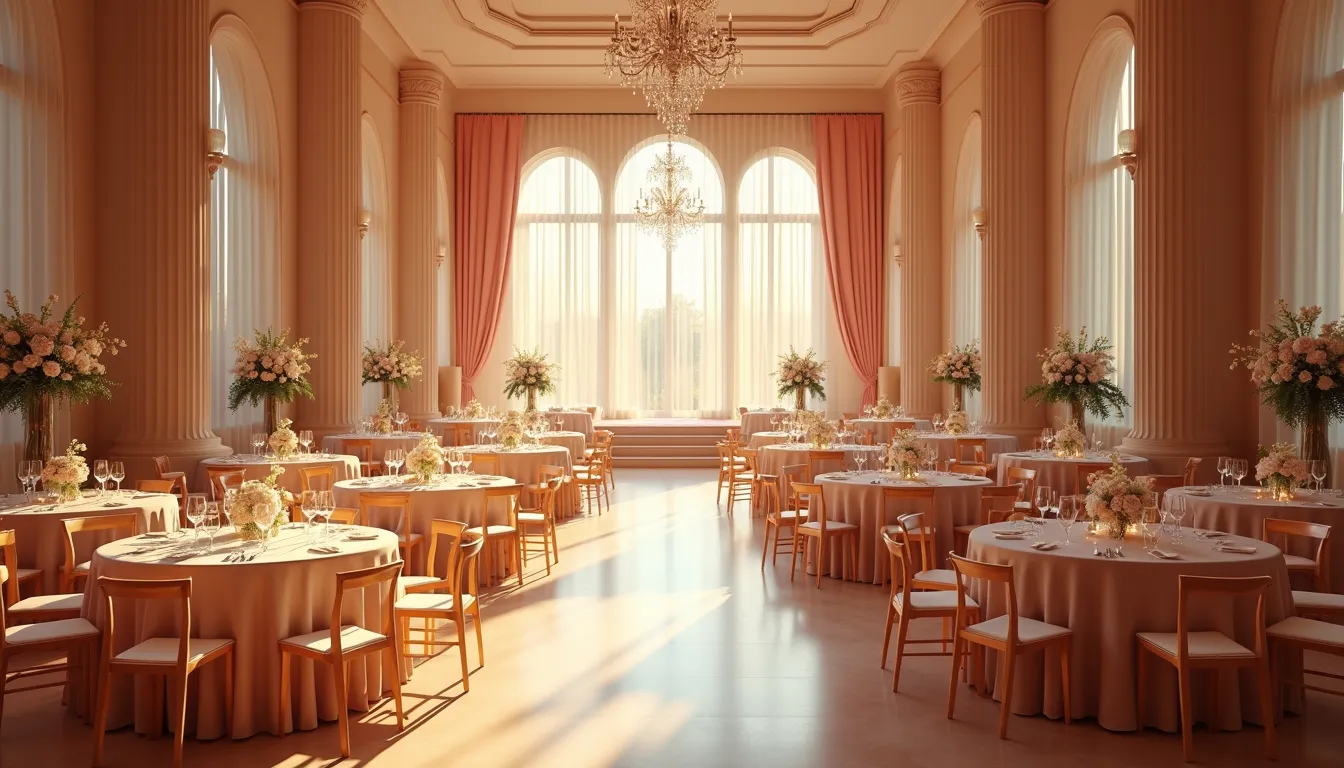 High angle view of a beautifully decorated event hall ready for guests