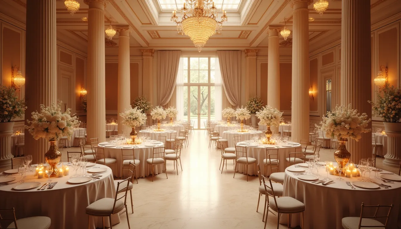 High angle view of a beautifully decorated event hall ready for a luxury celebration