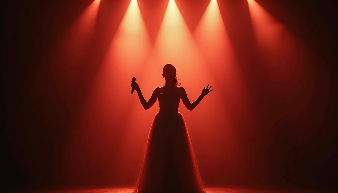Eye-level view of a prima donna singer performing on stage with elegant lighting