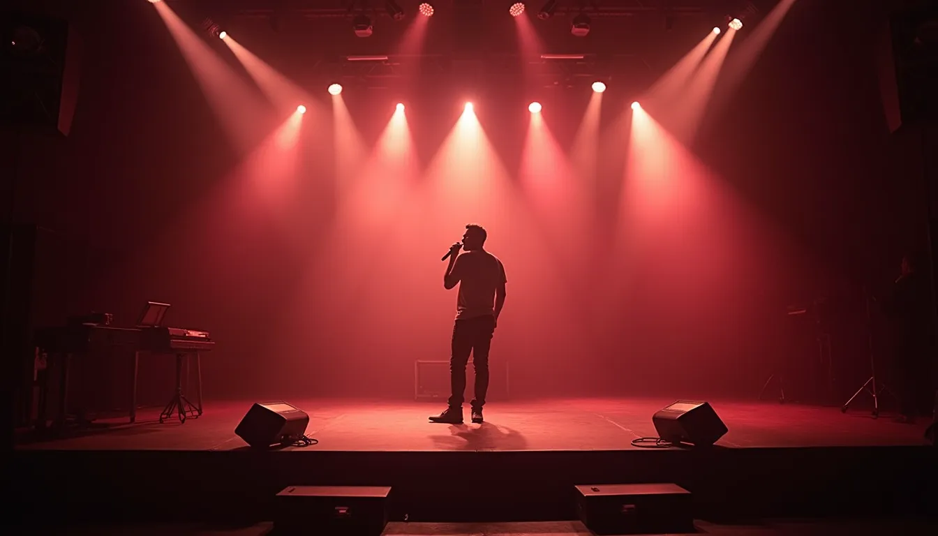 Eye-level view of a stage with a solo singer performing at a corporate event