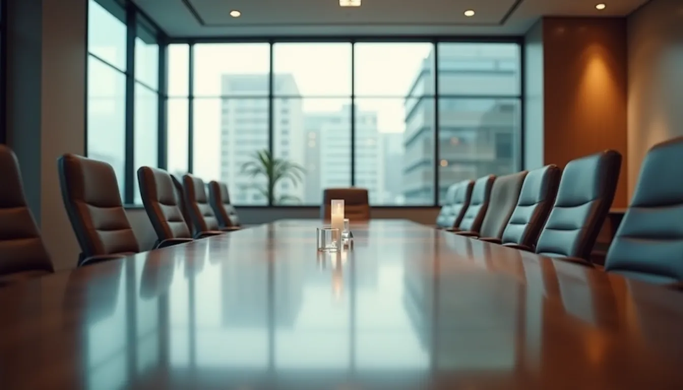 Eye-level view of a modern conference room set up for a corporate event