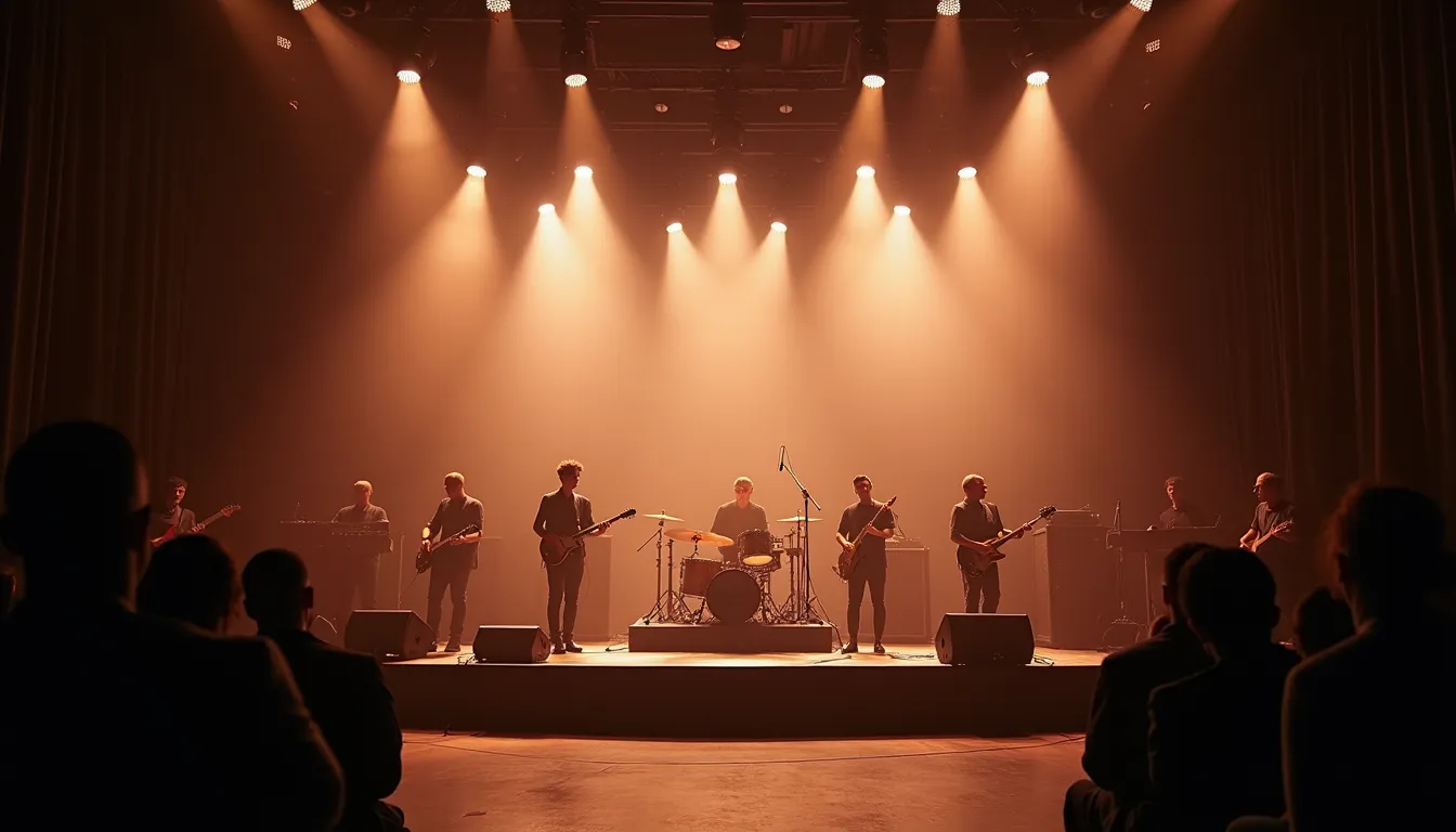 Eye-level view of a stage with elegant lighting and a live band performing