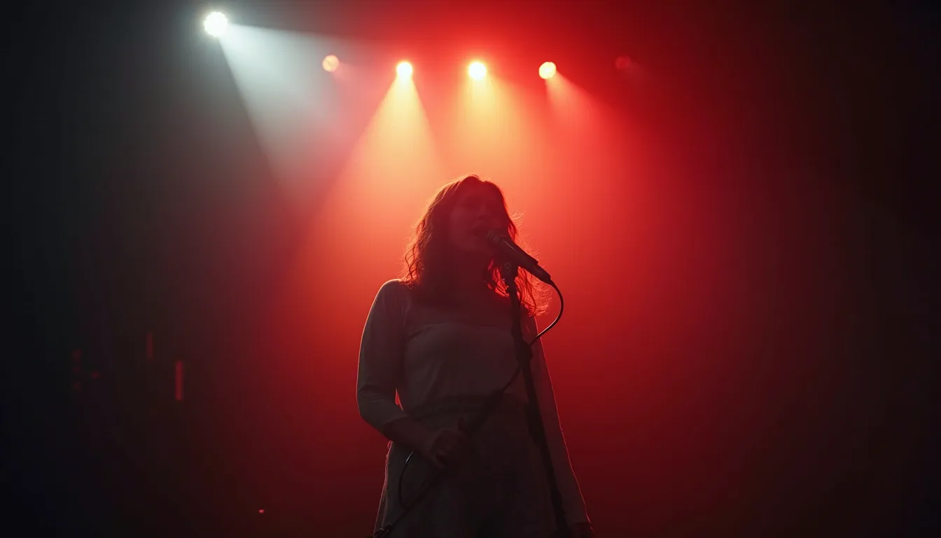 Eye-level view of a solo singer performing on stage with dramatic lighting