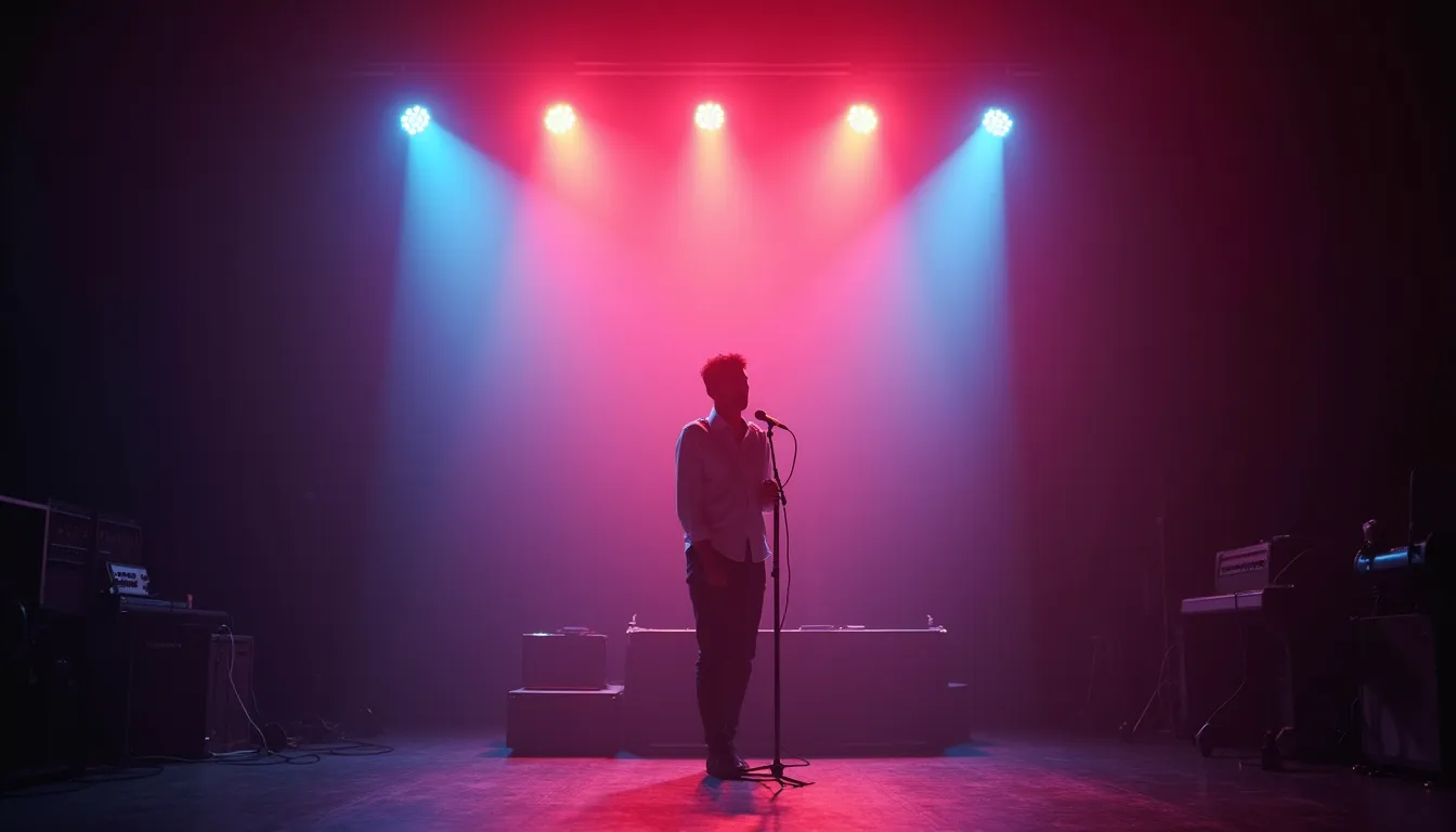 Eye-level view of a stage with a solo singer performing under vibrant lights