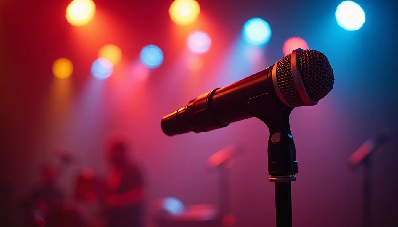 Close-up view of a microphone on stage with colorful lights in the background