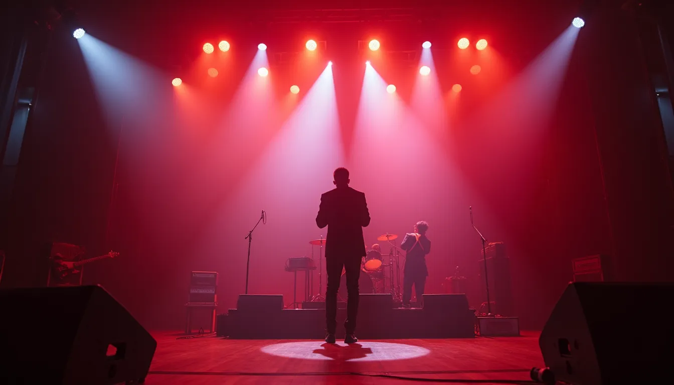 Eye-level view of a stage with vibrant lighting and a solo singer performing